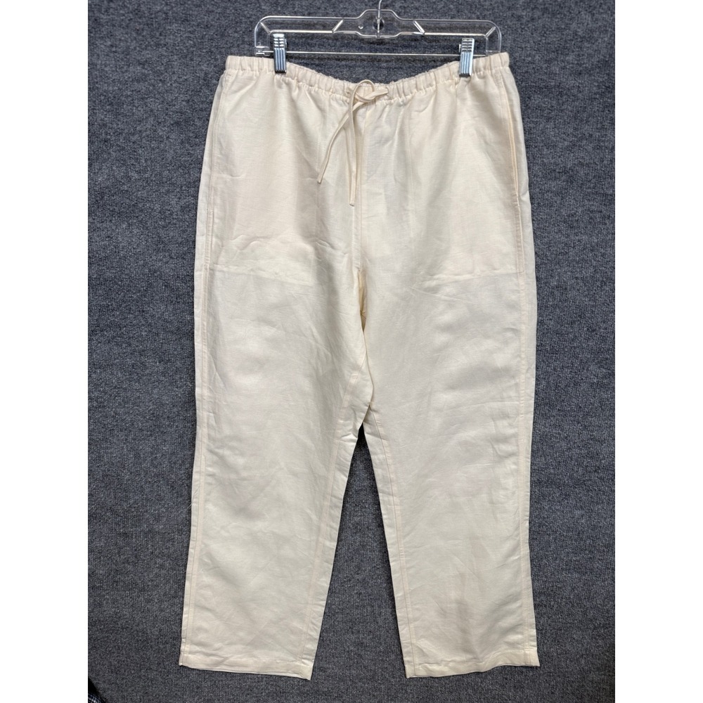Calvin Klein Size Large Pull On Pants Cream Linen Cotton Blend Drawstring Casual